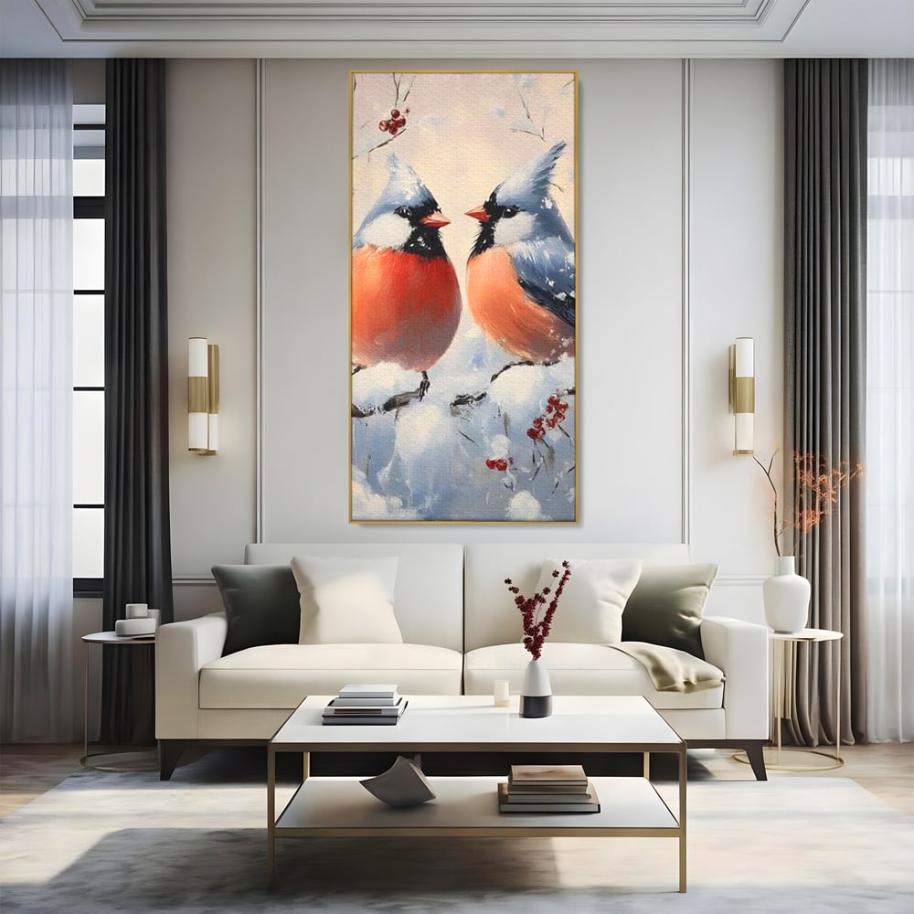 Tablou canvas cu tablou canvas cu doi pasari cardinali in iarna, in rama de aluminiu auriu, pe perete intr-un living